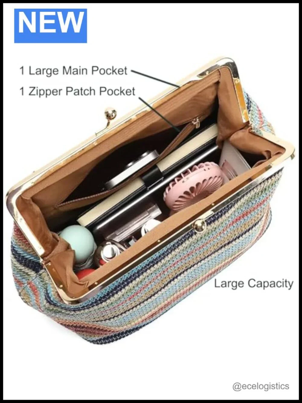 Kiss Lock Tote Handbag Underarm Shoulder Bag Clutch Purse Straw